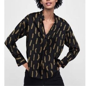 Zara Black And Gold Chain Print Button Front Shirt